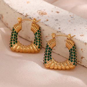 Green Zircon Chunky Square PVD 18K Gold Hoop Earrings Stainless Steel